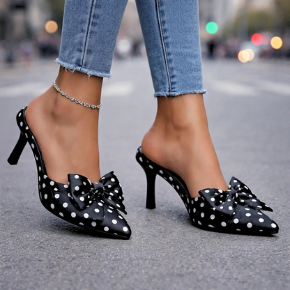Women's Polka Dot Slingback Kitten Heels with Bow