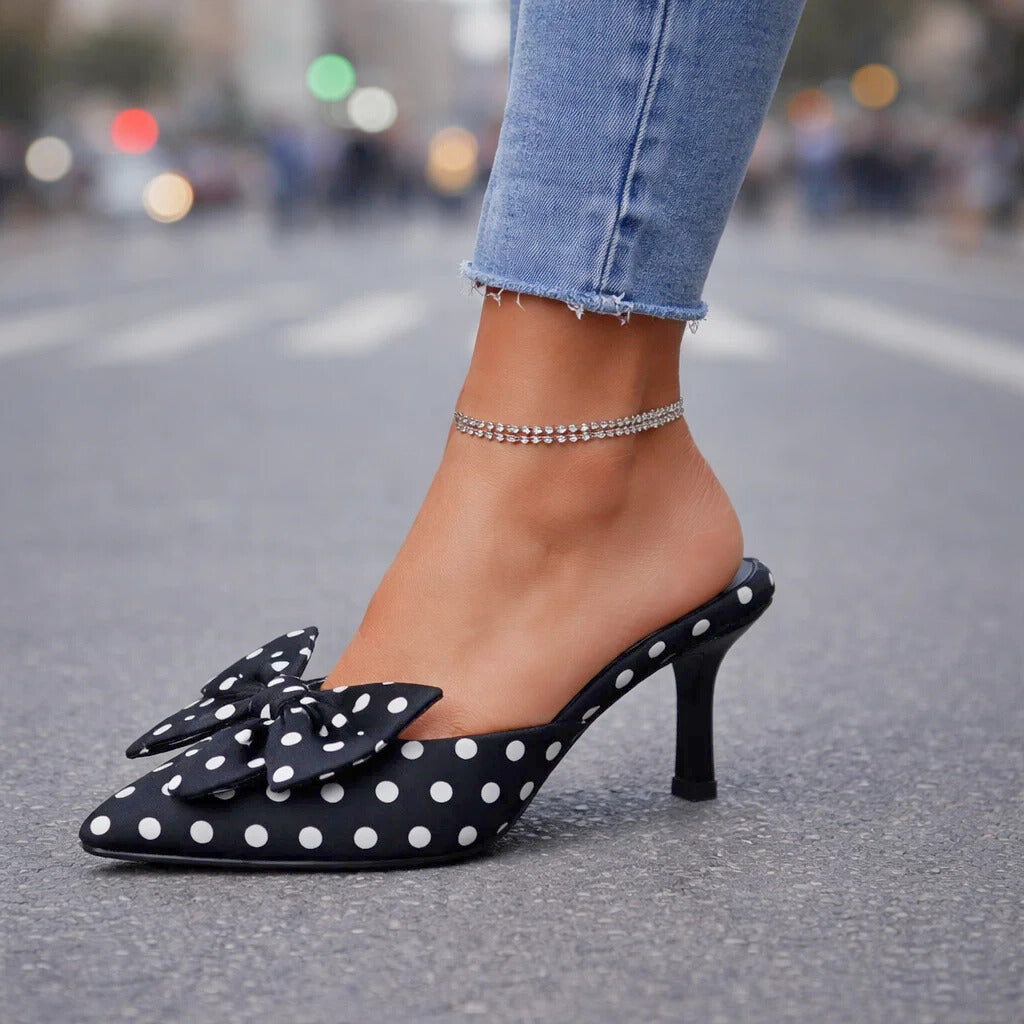 Women's Polka Dot Slingback Kitten Heels with Bow
