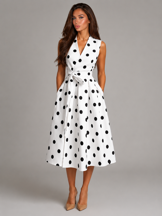 Women's Polka Dot Midi Dress with V-Neck and Waist Tie