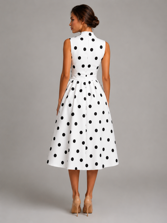 Women's Polka Dot Midi Dress with V-Neck and Waist Tie