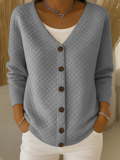 Women's Quilted Relaxed Cardigan with V-Neckline in Soft Cotton Blend