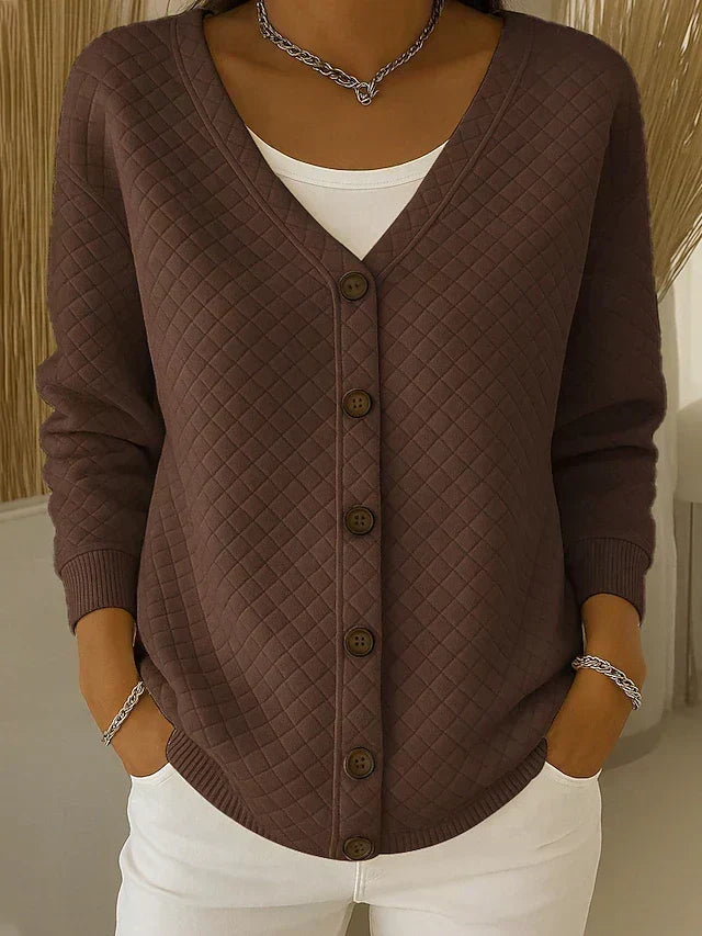 Women's Quilted Relaxed Cardigan with V-Neckline in Soft Cotton Blend