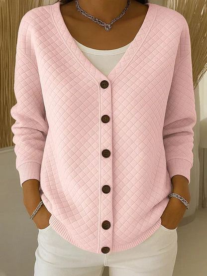 Women's Quilted Relaxed Cardigan with V-Neckline in Soft Cotton Blend