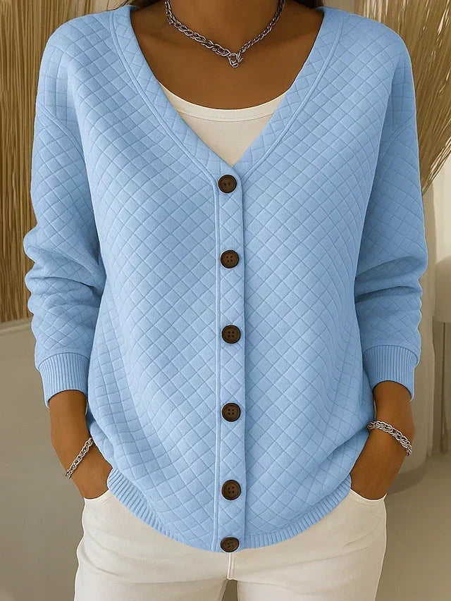 Women's Quilted Relaxed Cardigan with V-Neckline in Soft Cotton Blend
