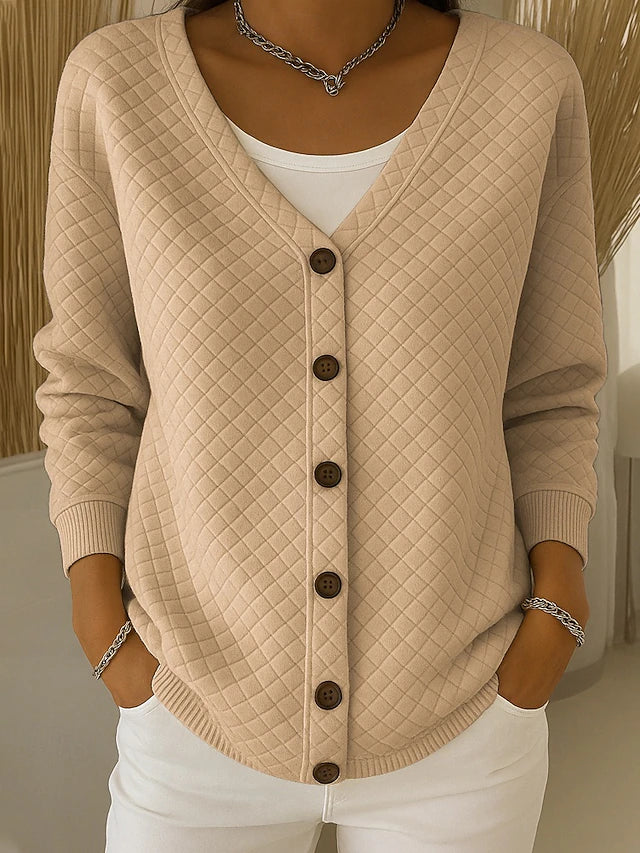 Women's Quilted Relaxed Cardigan with V-Neckline in Soft Cotton Blend