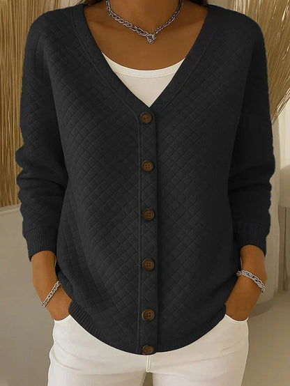 Women's Quilted Relaxed Cardigan with V-Neckline in Soft Cotton Blend