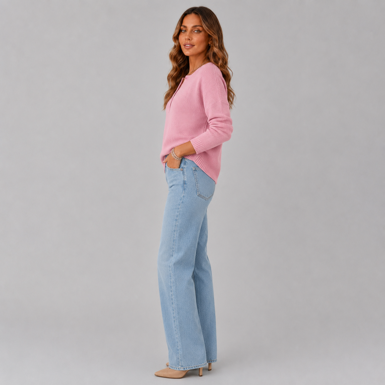 Women's Relaxed Knit Sweater with Henley Button Neckline