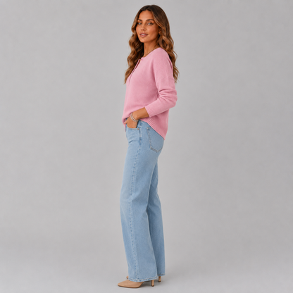 Women's Relaxed Knit Sweater with Henley Button Neckline