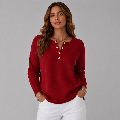 Women's Relaxed Knit Sweater with Henley Button Neckline