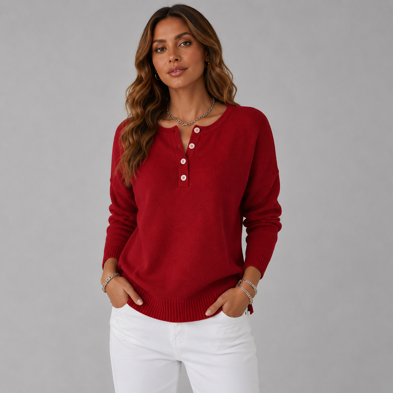 Women's Relaxed Knit Sweater with Henley Button Neckline