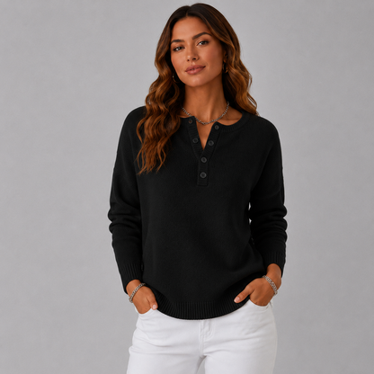 Women's Relaxed Knit Sweater with Henley Button Neckline