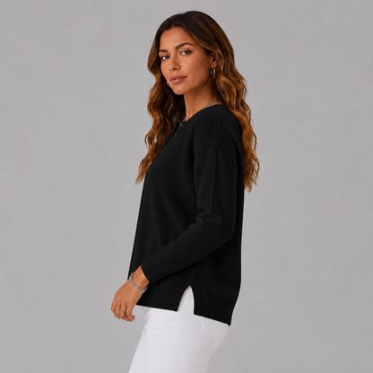 Women's Relaxed Knit Sweater with Henley Button Neckline