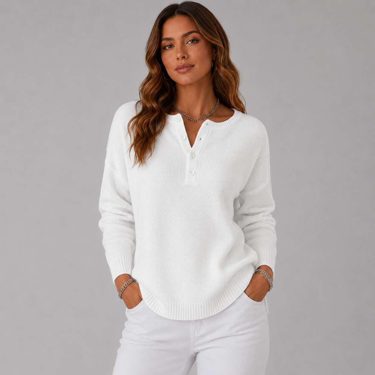 Women's Relaxed Knit Sweater with Henley Button Neckline