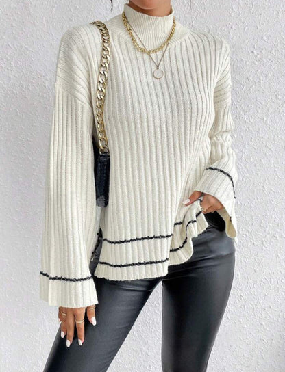 Women's Ribbed Knit Jumper with Mock Neck and Flared Sleeves