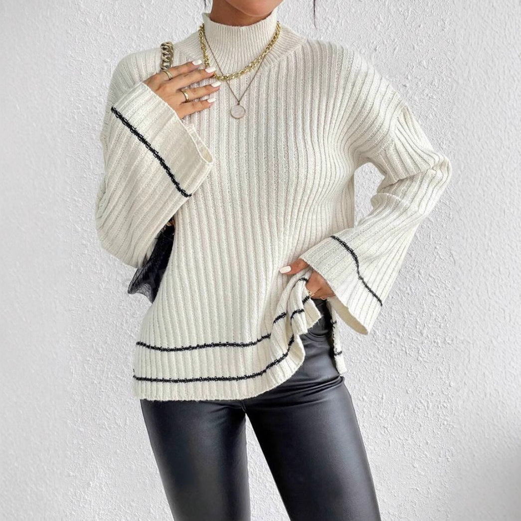 Women's Ribbed Knit Jumper with Mock Neck and Flared Sleeves