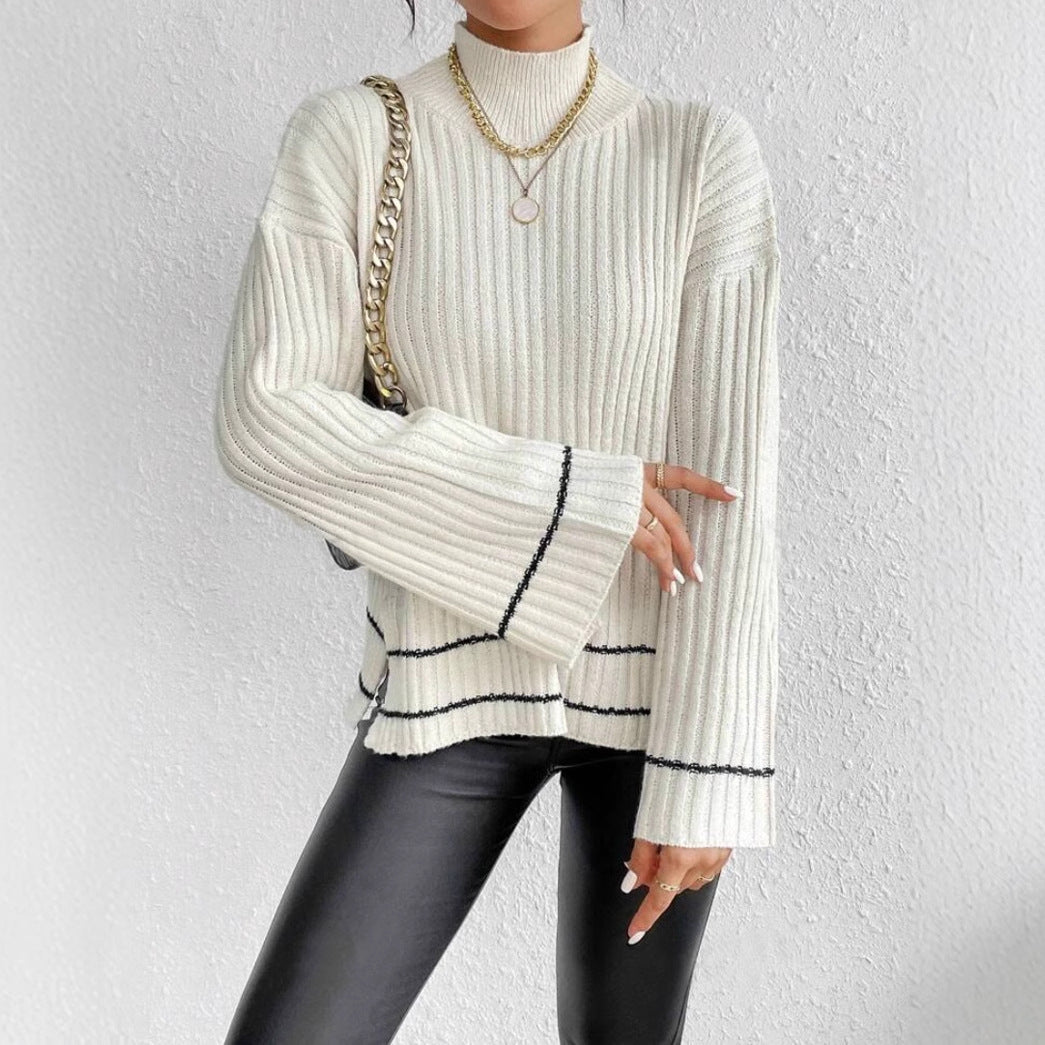 Women's Ribbed Knit Jumper with Mock Neck and Flared Sleeves