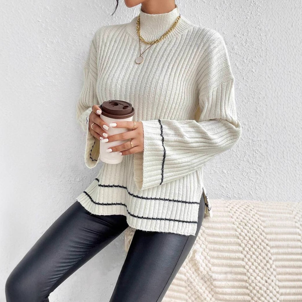 Women's Ribbed Knit Jumper with Mock Neck and Flared Sleeves