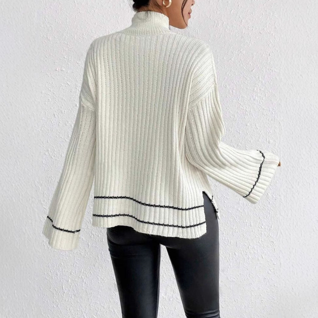 Women's Ribbed Knit Jumper with Mock Neck and Flared Sleeves