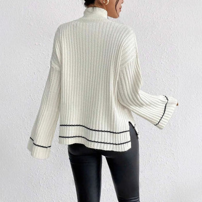 Women's Ribbed Knit Jumper with Mock Neck and Flared Sleeves