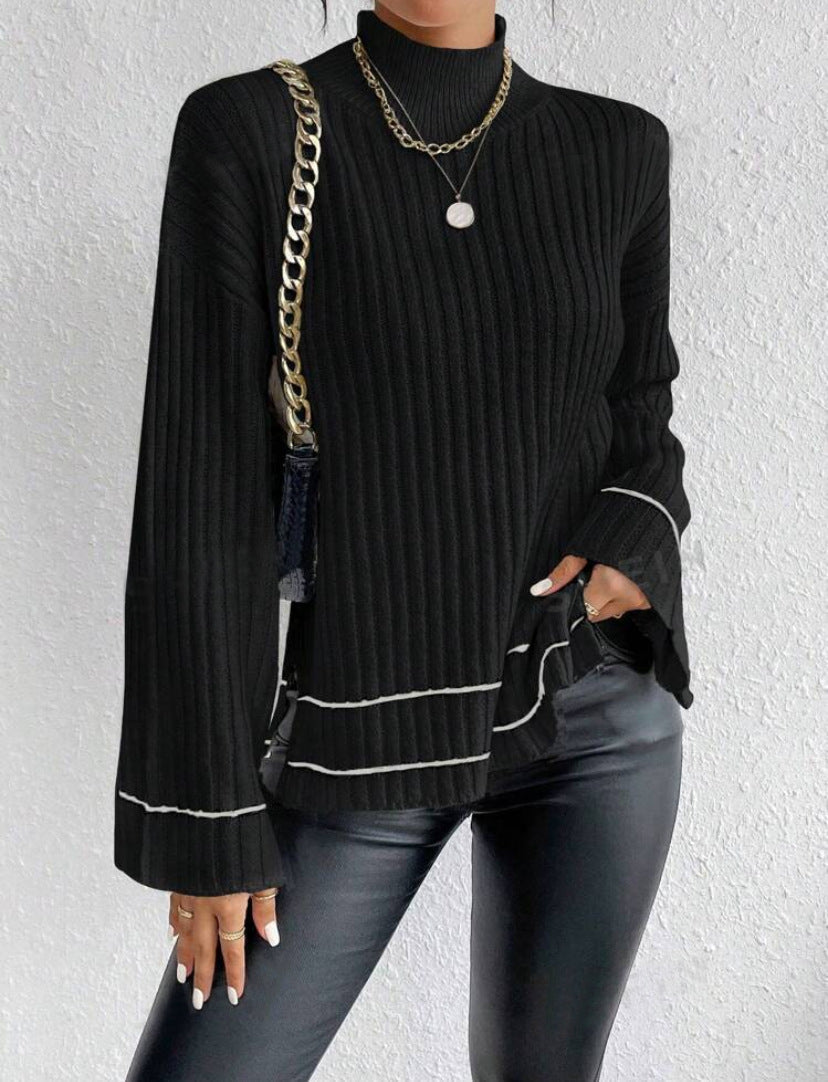 Women's Ribbed Knit Jumper with Mock Neck and Flared Sleeves