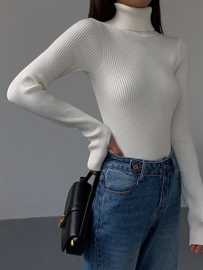 Women's Ribbed Turtleneck Jumper with Lightweight Knit Fabric