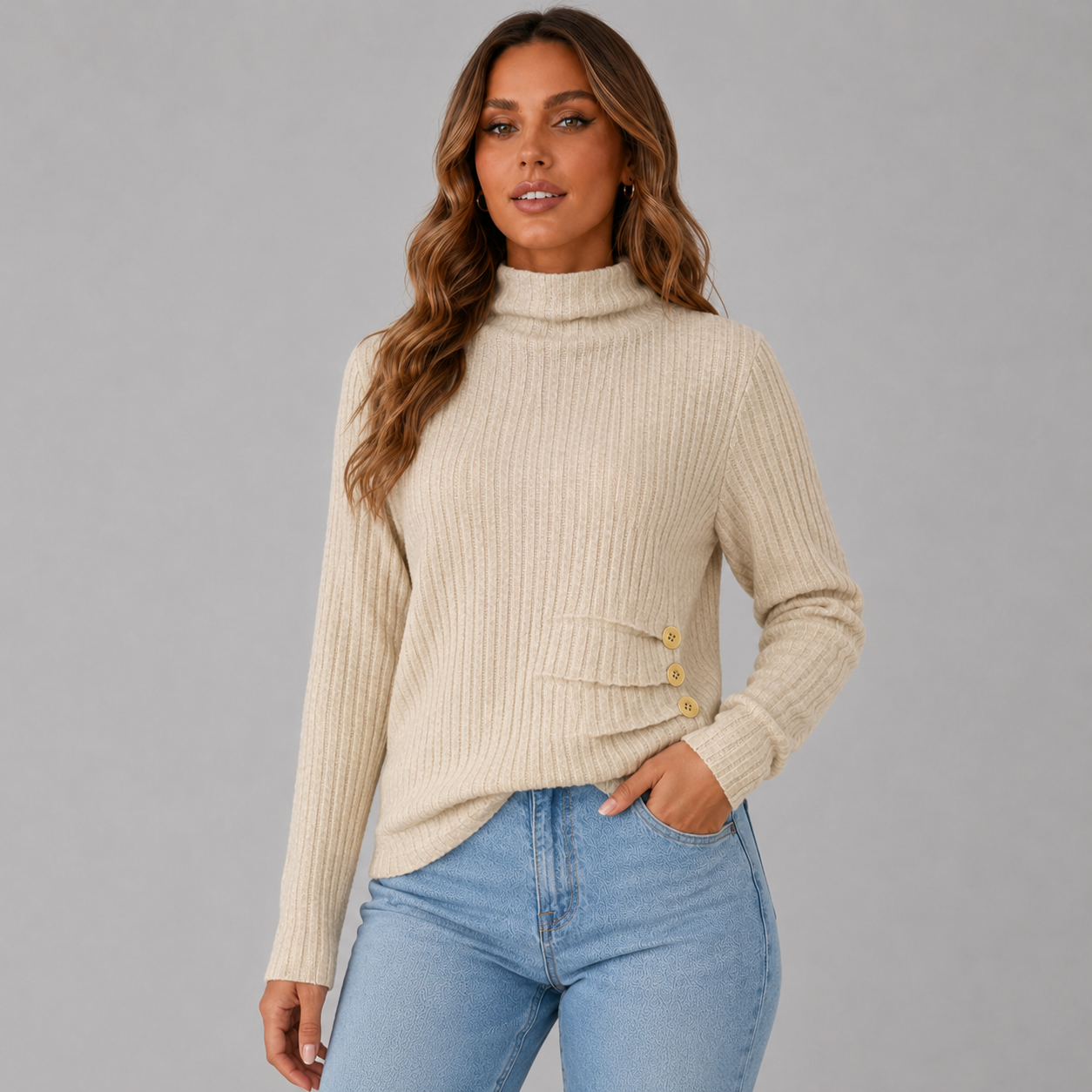 Women's Ribbed Turtleneck Sweater with Side Button Detail