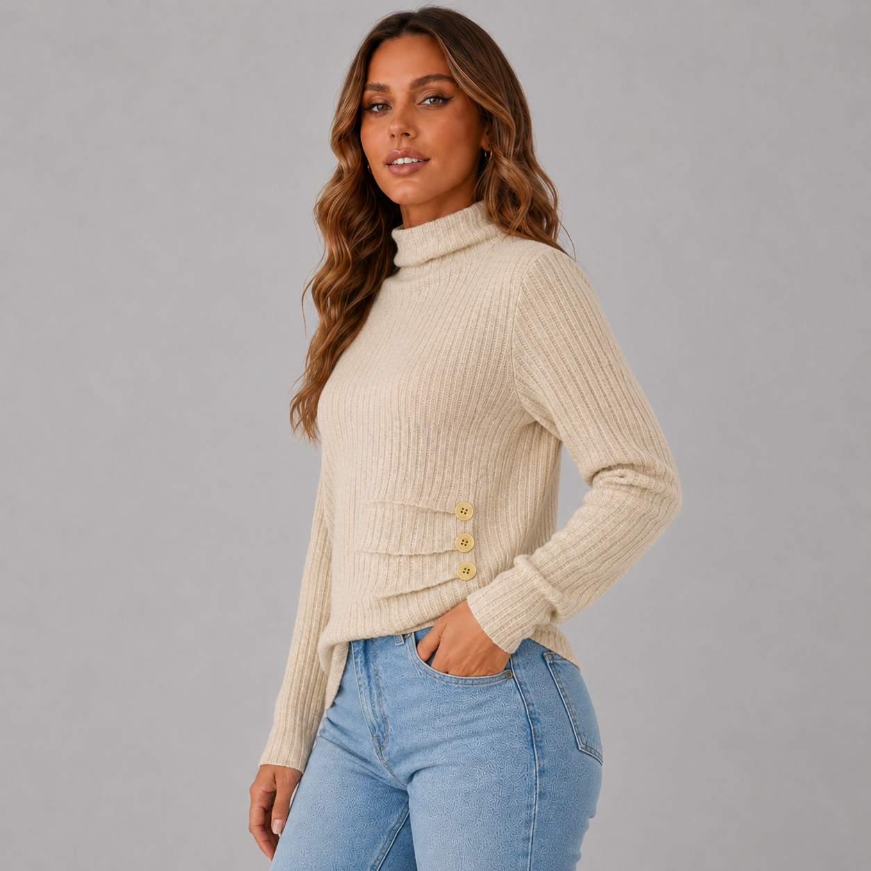 Women's Ribbed Turtleneck Sweater with Side Button Detail
