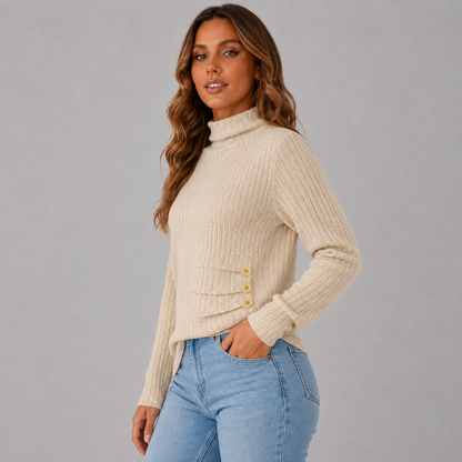 Women's Ribbed Turtleneck Sweater with Side Button Detail