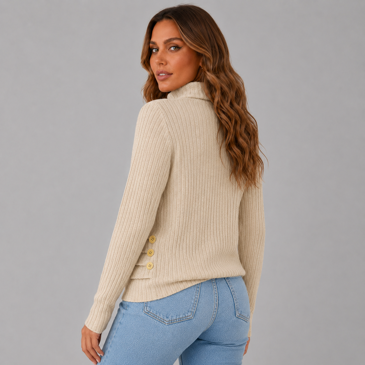 Women's Ribbed Turtleneck Sweater with Side Button Detail