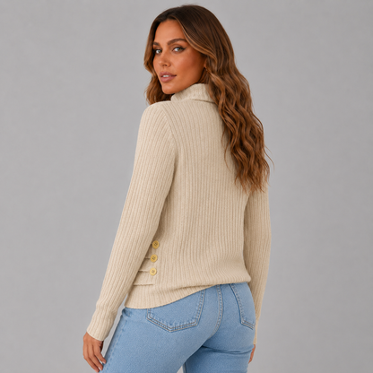 Women's Ribbed Turtleneck Sweater with Side Button Detail