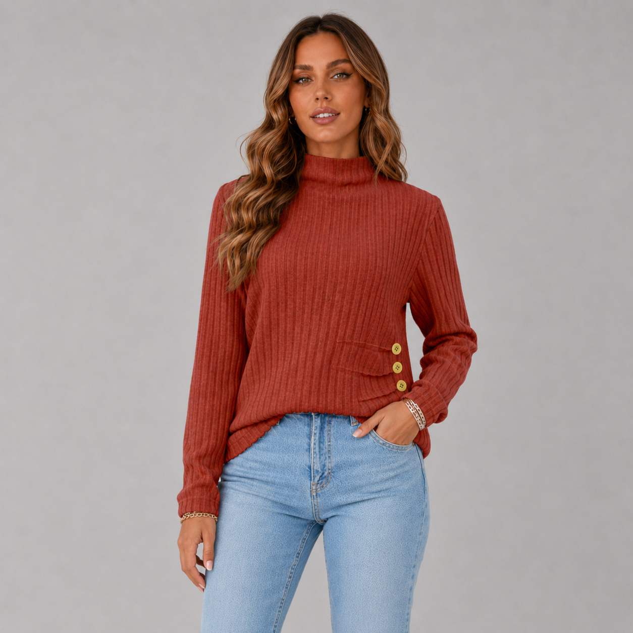 Women's Ribbed Turtleneck Sweater with Side Button Detail