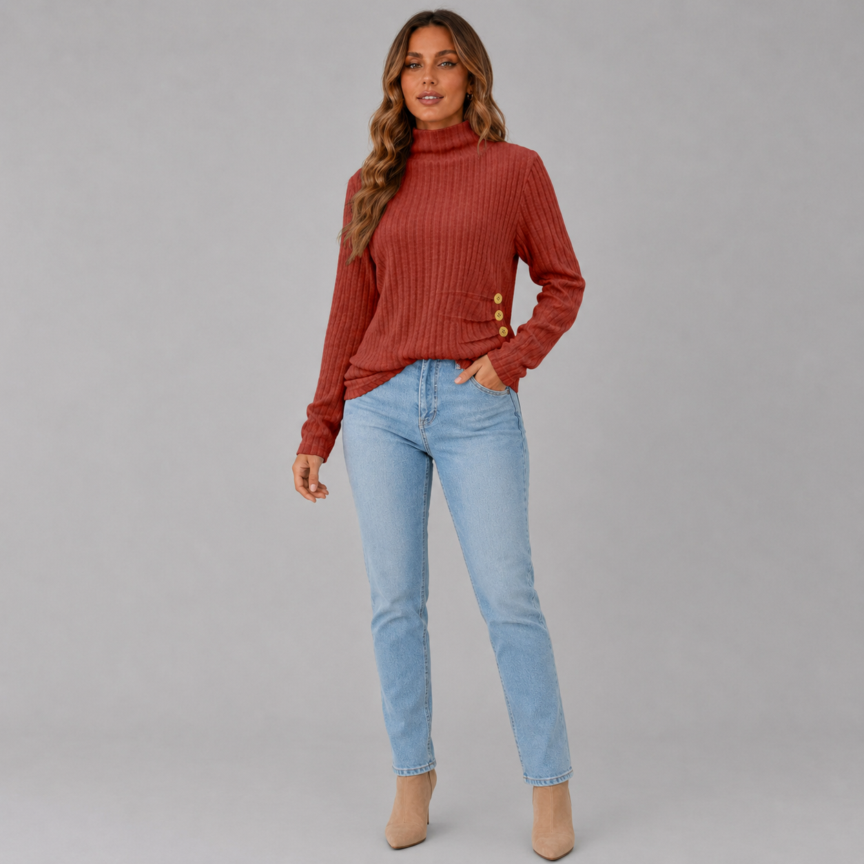 Women's Ribbed Turtleneck Sweater with Side Button Detail
