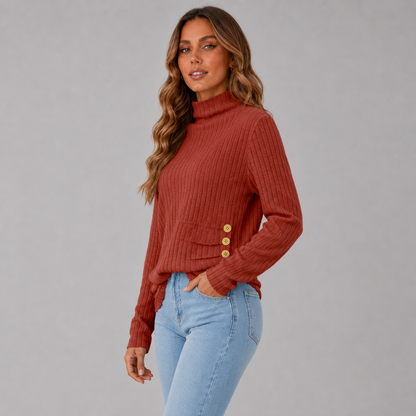Women's Ribbed Turtleneck Sweater with Side Button Detail