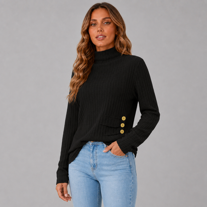 Women's Ribbed Turtleneck Sweater with Side Button Detail