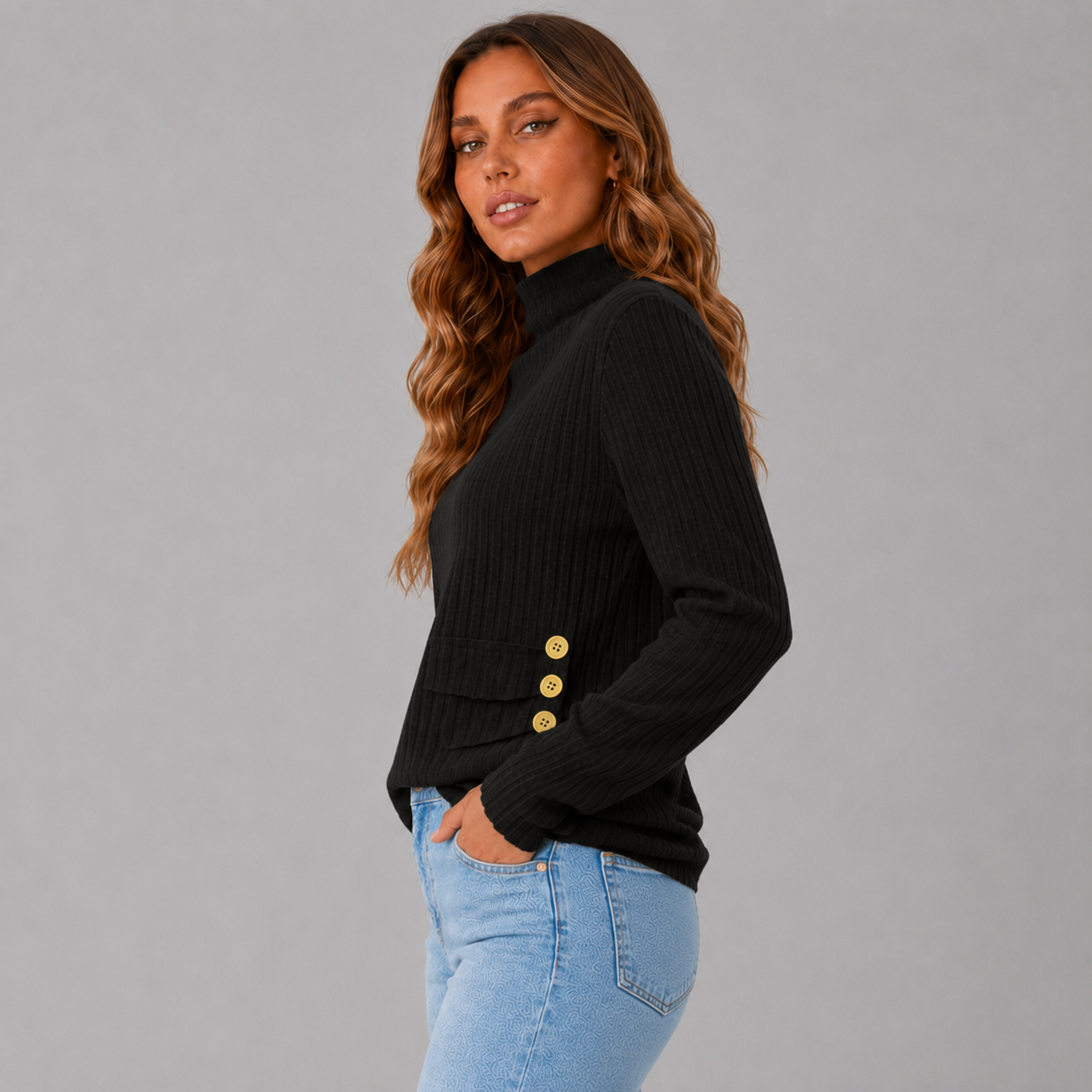Women's Ribbed Turtleneck Sweater with Side Button Detail