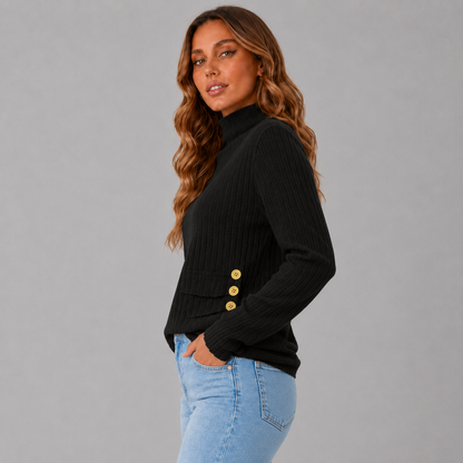 Women's Ribbed Turtleneck Sweater with Side Button Detail