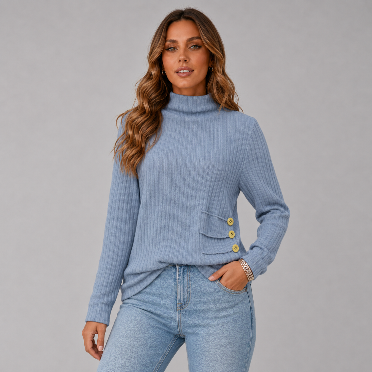 Women's Ribbed Turtleneck Sweater with Side Button Detail