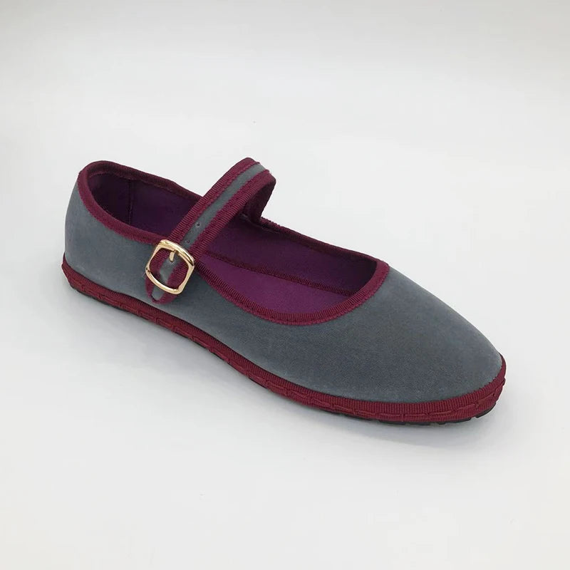 Women's Round Toe Flats with Hand-Stitched Velvet Design