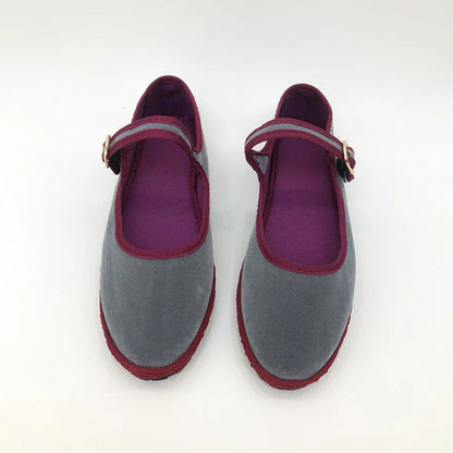 Women's Round Toe Flats with Hand-Stitched Velvet Design