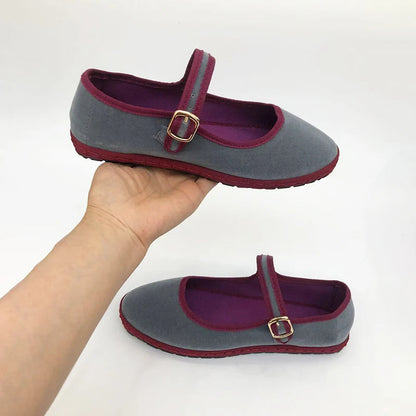 Women's Round Toe Flats with Hand-Stitched Velvet Design