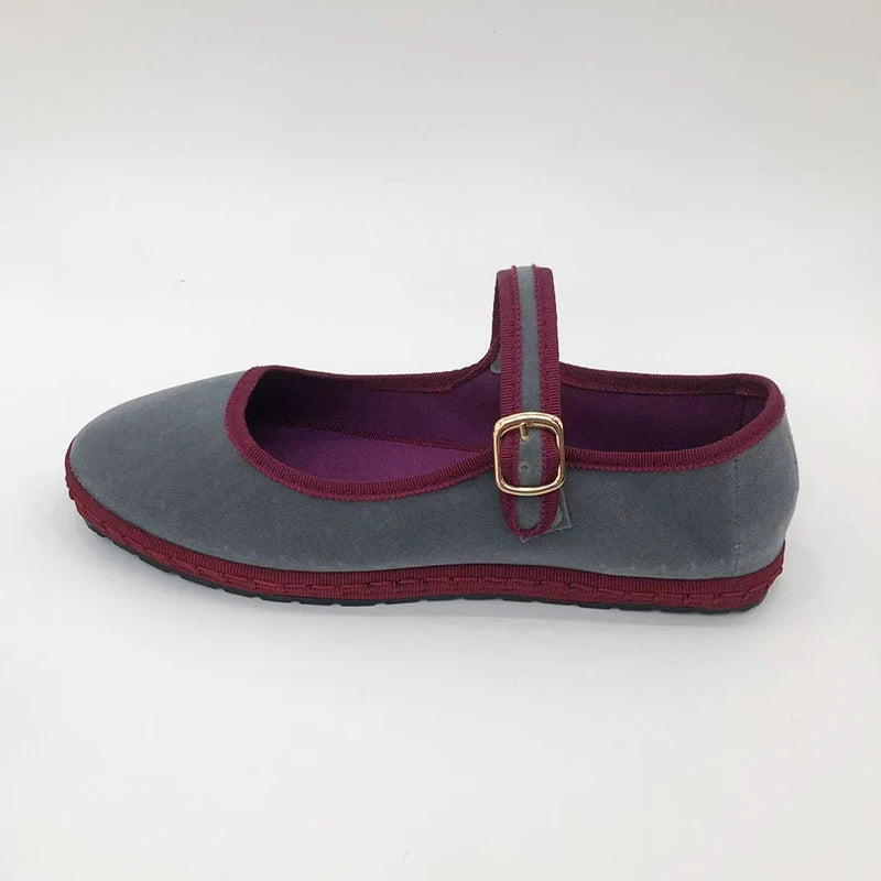 Women's Round Toe Flats with Hand-Stitched Velvet Design