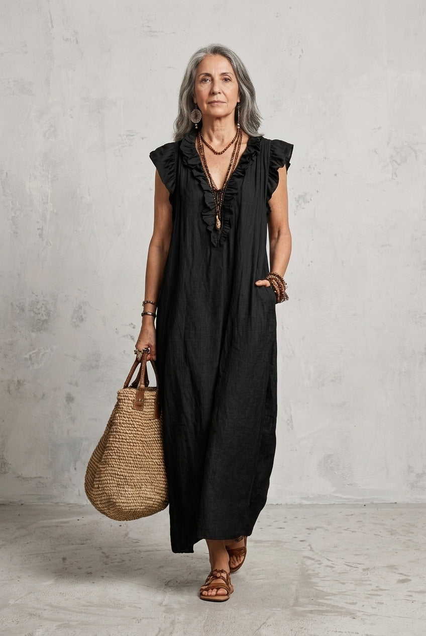 Women's Ruffle Sleeveless Dress with Knee-Length Silhouette
