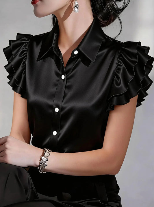 Women's Satin Blouse with Ruffled Sleeves