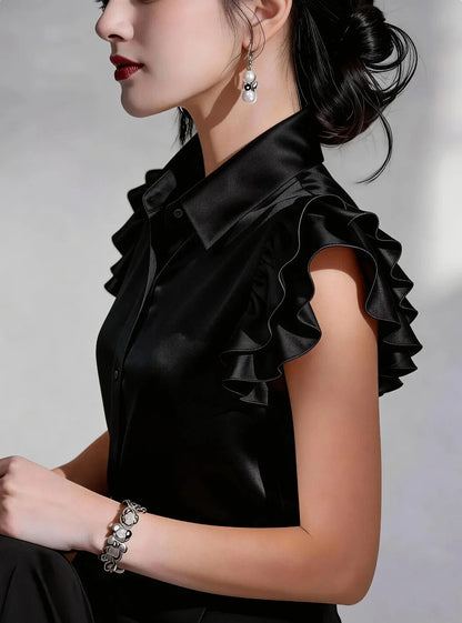 Women's Satin Blouse with Ruffled Sleeves