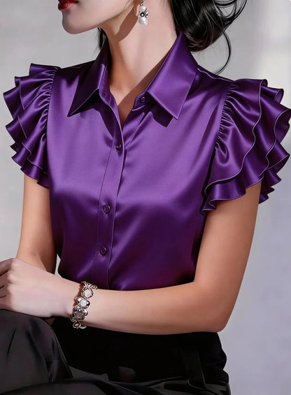 Women's Satin Blouse with Ruffled Sleeves