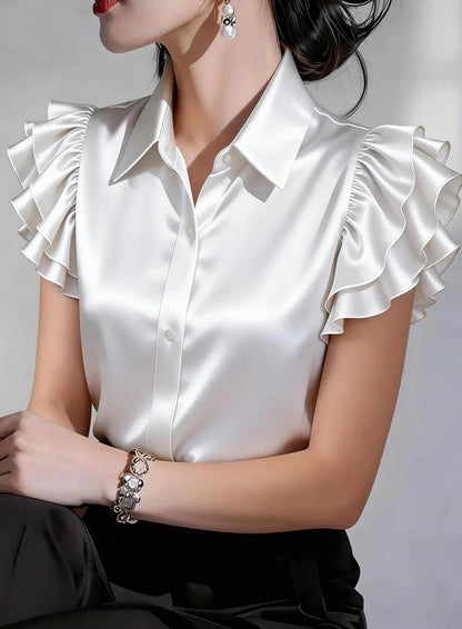 Women's Satin Blouse with Ruffled Sleeves