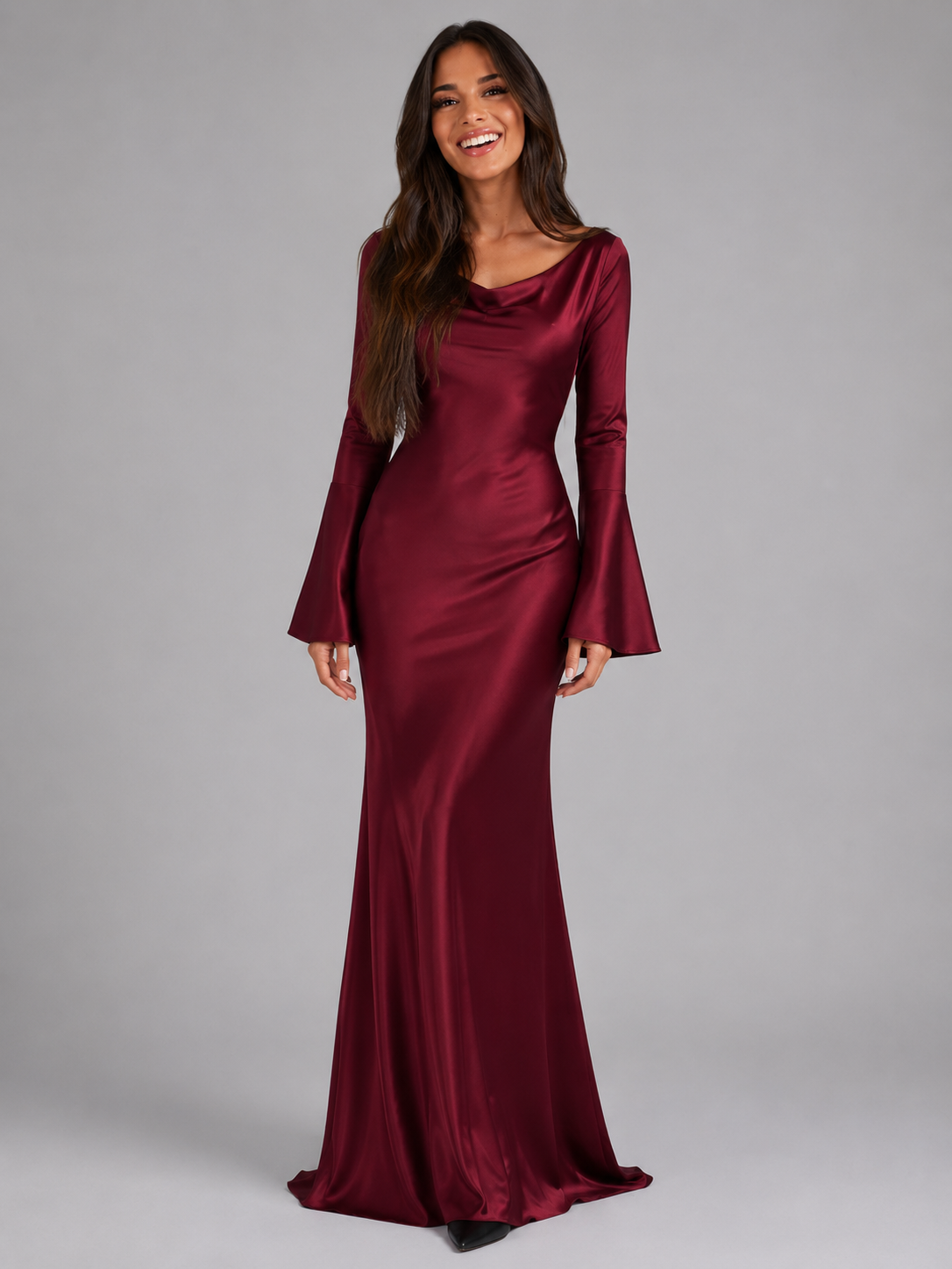 Women's Satin Maxi Dress with Long Sleeves