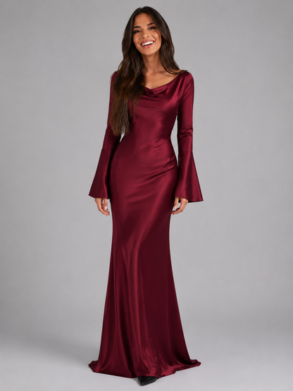 Women's Satin Maxi Dress with Long Sleeves