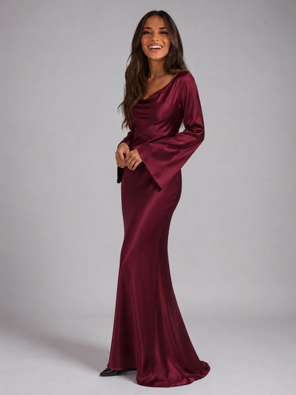 Women's Satin Maxi Dress with Long Sleeves