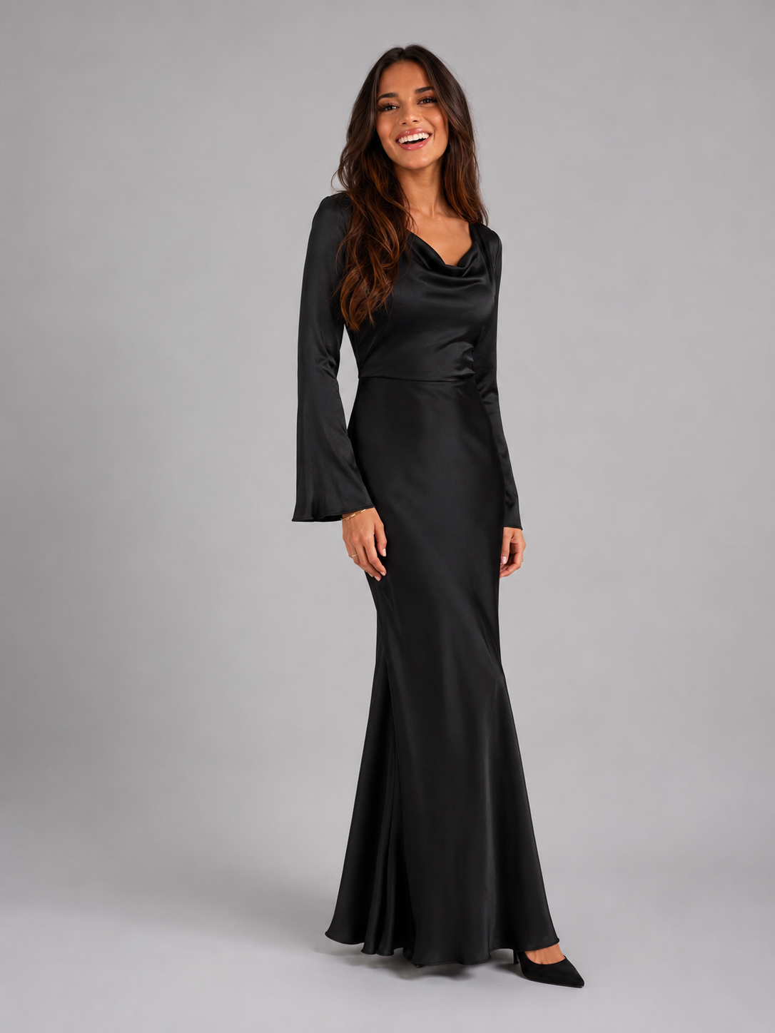 Women's Satin Maxi Dress with Long Sleeves